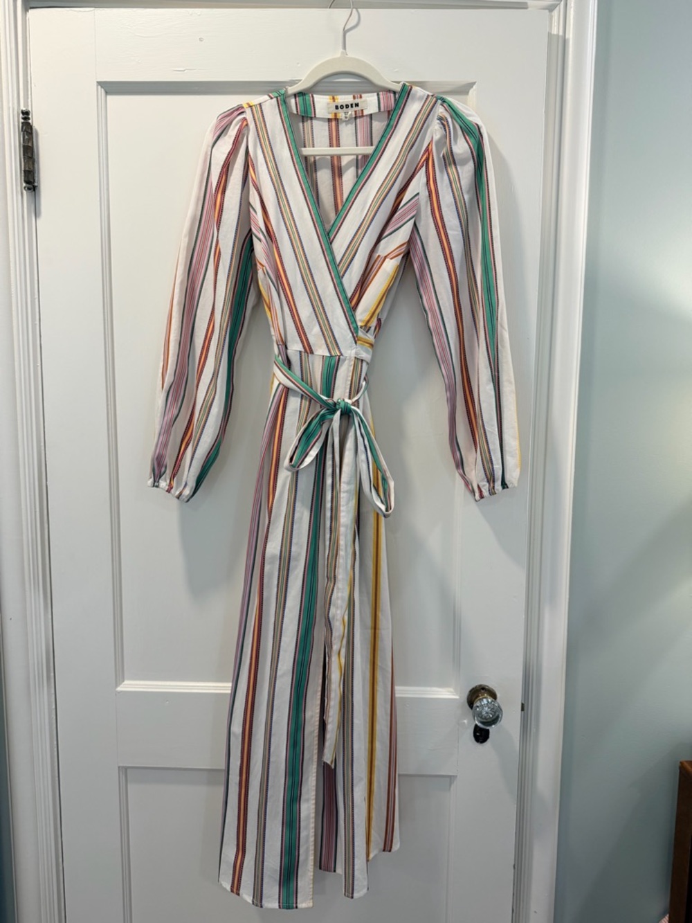 SOLD ❌ Boden Striped Wrap Maxi Dress in Green, Yellow, Pink and Cream